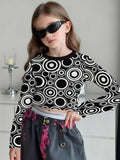 Fashion Versatile High Quality Checked Girls Short Crew Neck Long Sleeves