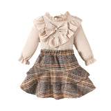 Kid Baby Girl Fall Long Sleeve Bow Lace Plaid 2 Pcs Sets