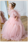 Kid Girls Princess Pink Fluffy Gauze Walk Show Birthday Piano Performance Dresses