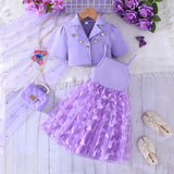 Kid Girls Summer Short Blazer Butterfly Mesh Suspender 2 Pcs Set