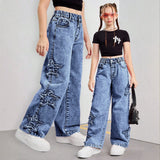 7-12Y Teen Kid Girl Star Decorated Hip Hop Jeans Pants