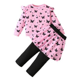 1-8Y Kid Baby Girls Autumn Winter Butterfly Print Flying Sleeves Long Sleeves 2 Pcs Set