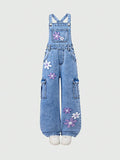 7-12Y Kid Girl Flower Embroidered Denim Overalls Casual Personality Jumpsuit Pants