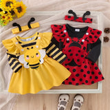 0-18M First Halloween Baby Girl Outfit Long Sleeve Romper Ladybug Suspender 3 Pcs Set