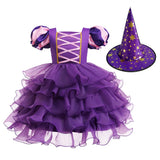 Girls Halloween Costume Puff Sleeve Ruffled Tiered Tulle Dress+Witch Hat+Pumpkin Candy Bag Trick or Treat Party Kid Outfit 3pcs