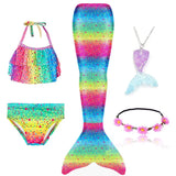 5Pcs/Set Girls Mermaid Tail Swimsuit Costume Beach Pool Swimwear