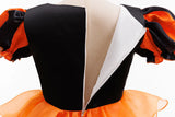 Girls Halloween Costume Puff Sleeve Ruffled Tiered Tulle Dress+Witch Hat+Pumpkin Candy Bag Trick or Treat Party Kid Outfit 3pcs