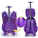 3PCS Set Kid Girl Rolling Backpack Cute Cartoon Cat Sequin Wheeled Bookbag