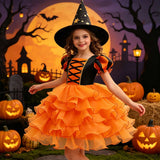 Girls Halloween Costume Puff Sleeve Ruffled Tiered Tulle Dress+Witch Hat+Pumpkin Candy Bag Trick or Treat Party Kid Outfit 3pcs