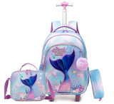 3 pcs/Set Kid Travel Mermaid Trolley Rolling Backpack Wheeled Trolley School Bag