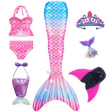 Kid Girls Monofin Swimming Mermaid Cosplay Swimsuit Bikini  7Pcs/Set