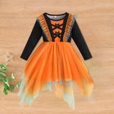 0-3Y Baby Toddler Girl Halloween Bat Print Ruffled Long Sleeve Mesh Dresses
