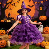 Girls Halloween Costume Puff Sleeve Ruffled Tiered Tulle Dress+Witch Hat+Pumpkin Candy Bag Trick or Treat Party Kid Outfit 3pcs