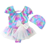 Kid Girls One Piece Cute Swimsuit Short Sleeve Mesh Bowknot Swimwear