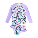 Girls Cute Butterfly Print Two-Piece Swimsuit with Long Sleeve Rash Guard Ruffle Bottom