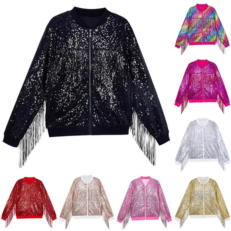 2-16Y Kid Girl Trendy Tassels Sequin Hip Hop Jacket Baseball Party Coat