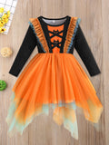 0-3Y Baby Toddler Girl Halloween Bat Print Ruffled Long Sleeve Mesh Dresses