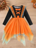 0-8Y Little Toddler Girl Halloween Print Ruffled Trim Crew Neck Long Sleeve Dresses