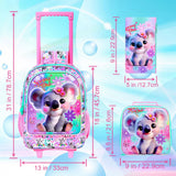 3PCS Kid Girl Rolling Backpack Cute Koala Wheeled Bookbag