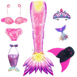Kid Girls Monofin Swimming Mermaid Cosplay Swimsuit Bikini  7Pcs/Set