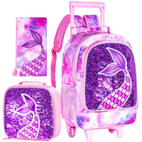 3PCS Kid Girl Mermaid Rolling Backpack Wheeled School Bag