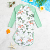 Trendy Two-piece Swimsuit Set for Girls, Tropical Palm Tree Print, Long-sleeved Sun Protection