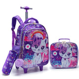 3PCS Set Kid Girl Rolling Backpack Cute Cartoon Cat Sequin Wheeled Bookbag