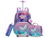3 pcs/Set Kid Travel Mermaid Trolley Rolling Backpack Wheeled Trolley School Bag