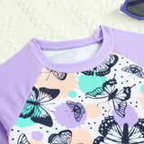 Girls Cute Butterfly Print Two-Piece Swimsuit with Long Sleeve Rash Guard Ruffle Bottom