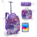 3PCS Set Kid Girl Rolling Backpack Cute Cartoon Cat Sequin Wheeled Bookbag