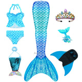 Kid Girls Monofin Swimming Mermaid Cosplay Swimsuit Bikini  7Pcs/Set