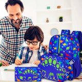 3PCS Kid Boy Dinosaur Blue Backpack 16 Inch Bookbag