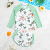 Trendy Two-piece Swimsuit Set for Girls, Tropical Palm Tree Print, Long-sleeved Sun Protection