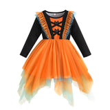 0-3Y Baby Toddler Girl Halloween Bat Print Ruffled Long Sleeve Mesh Dresses