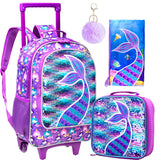 3PCS Kid Girls Rolling Mermaid Backpack Wheeled School Bag
