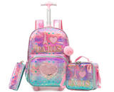 3 pcs/Set Kid Travel Mermaid Trolley Rolling Backpack Wheeled Trolley School Bag