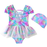 Kid Girls One Piece Cute Swimsuit Short Sleeve Mesh Bowknot Swimwear