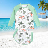 Trendy Two-piece Swimsuit Set for Girls, Tropical Palm Tree Print, Long-sleeved Sun Protection
