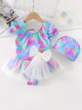 Kid Girls One Piece Cute Swimsuit Short Sleeve Mesh Bowknot Swimwear