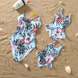 Family Matching Mom Daughter Swimwear Floral Pattern Ruffle One-Piece Swimsuit
