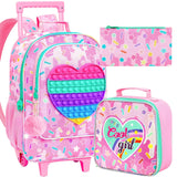3PCS Kid Girl Rolling Folding Heart Backpack Bookbag Wheeled School Bag