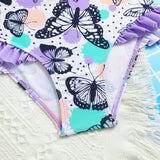 Girls Cute Butterfly Print Two-Piece Swimsuit with Long Sleeve Rash Guard Ruffle Bottom
