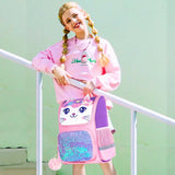 3PCS Kids Cat Backpack Sequin Pink School Bookbag
