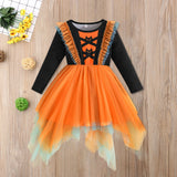 0-3Y Baby Toddler Girl Halloween Bat Print Ruffled Long Sleeve Mesh Dresses