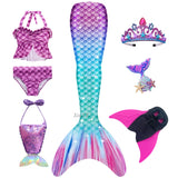 Kid Girls Monofin Swimming Mermaid Cosplay Swimsuit Bikini  7Pcs/Set