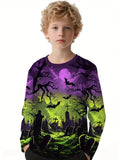 2-12Y Kid Boy Halloween Pumpkin Print Autumn Long Sleeve Casual T-Shirt Tops
