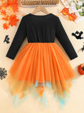 0-3Y Baby Toddler Girl Halloween Bat Print Ruffled Long Sleeve Mesh Dresses