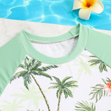Trendy Two-piece Swimsuit Set for Girls, Tropical Palm Tree Print, Long-sleeved Sun Protection