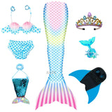 Kid Girls Monofin Swimming Mermaid Cosplay Swimsuit Bikini  7Pcs/Set