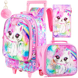 4PCS Kids Girl Rolling Backpack Cute Cat Sequin Wheeled Bookbag
